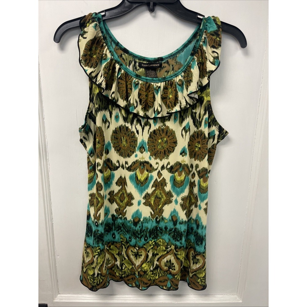 Susan Lawrence Top Womens M Stretch Geometric Ruffle Neck Sleeveless Green Blue